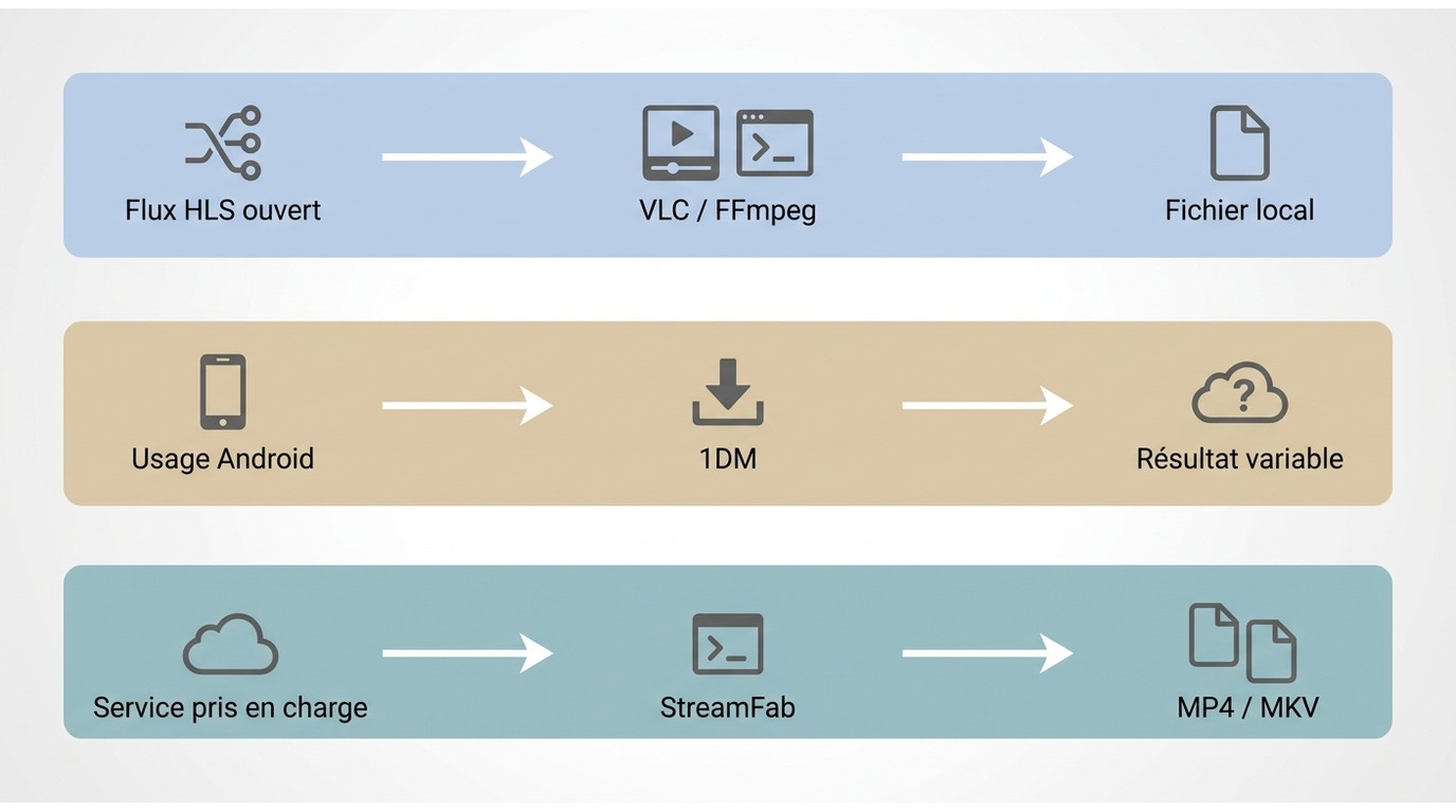 Choix entre VLC, FFmpeg, 1DM et StreamFab selon le type de flux M3U8
