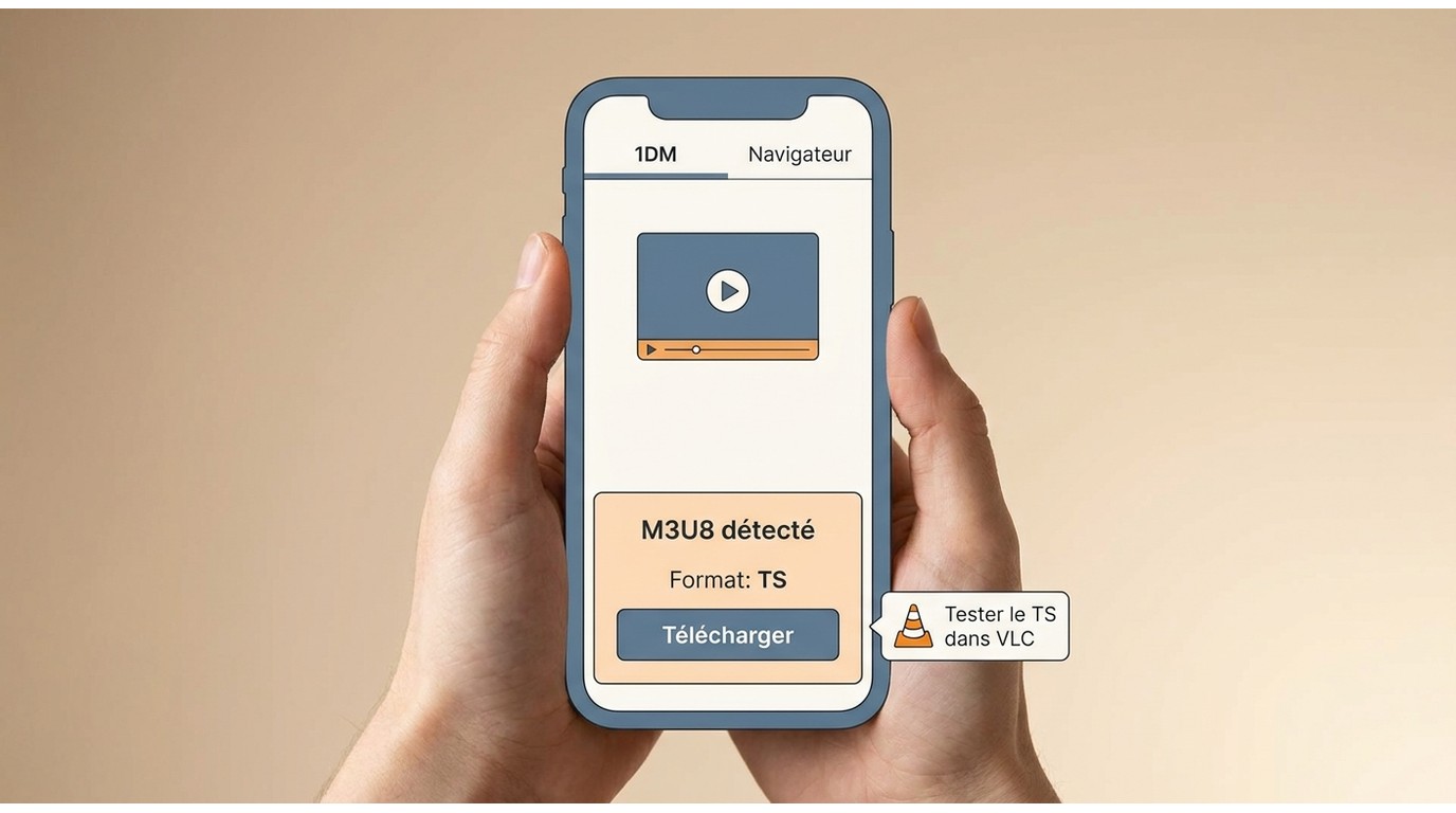 1DM sur Android détectant un flux M3U8 avant le téléchargement