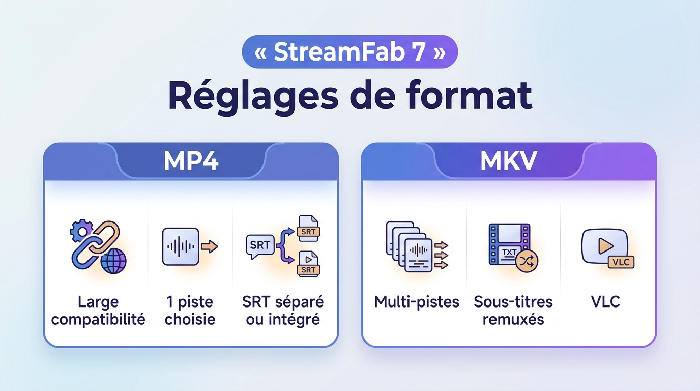 Choix MP4 ou MKV dans StreamFab selon compatibilité, pistes audio et sous-titres.