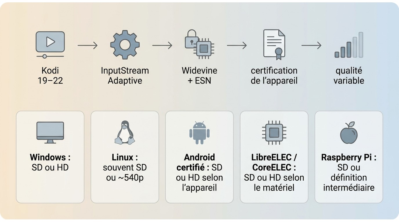 Compatibilité Kodi, Widevine et qualité Netflix selon le système