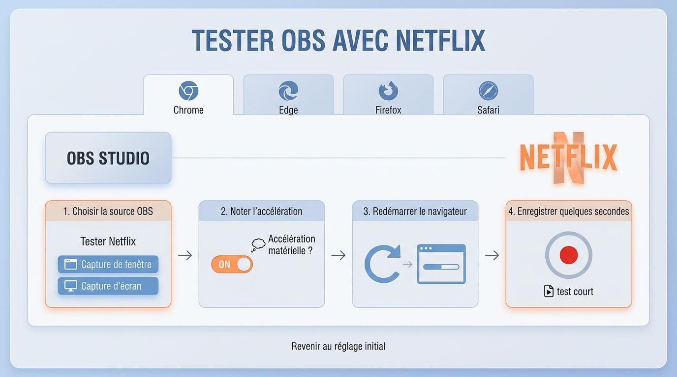 Étapes pour tester OBS avec Netflix sur Chrome, Edge, Firefox et Safari.
