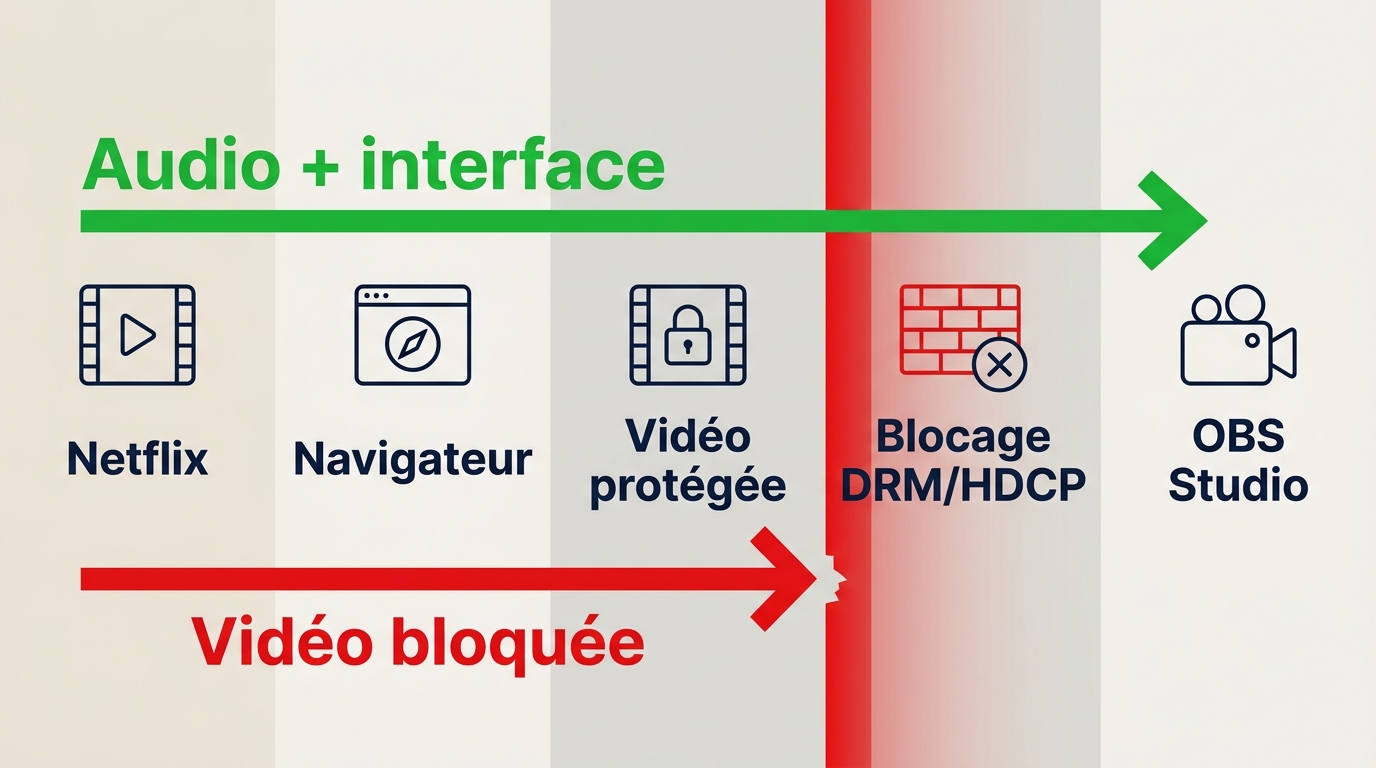 Schéma expliquant pourquoi OBS capte le son et l’interface Netflix mais pas la vidéo protégée.