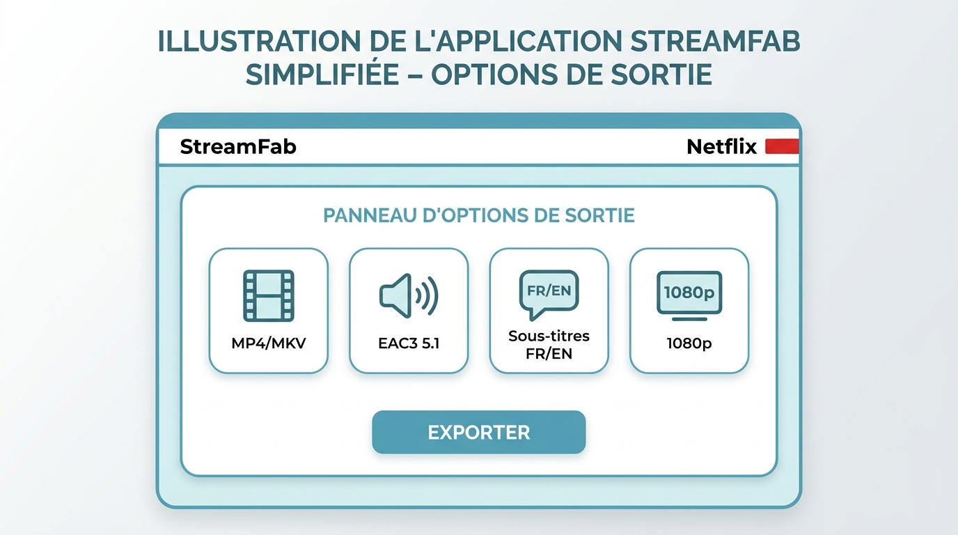 Interface StreamFab avec choix MP4 ou MKV, audio EAC3 5.1 et sous-titres Netflix.