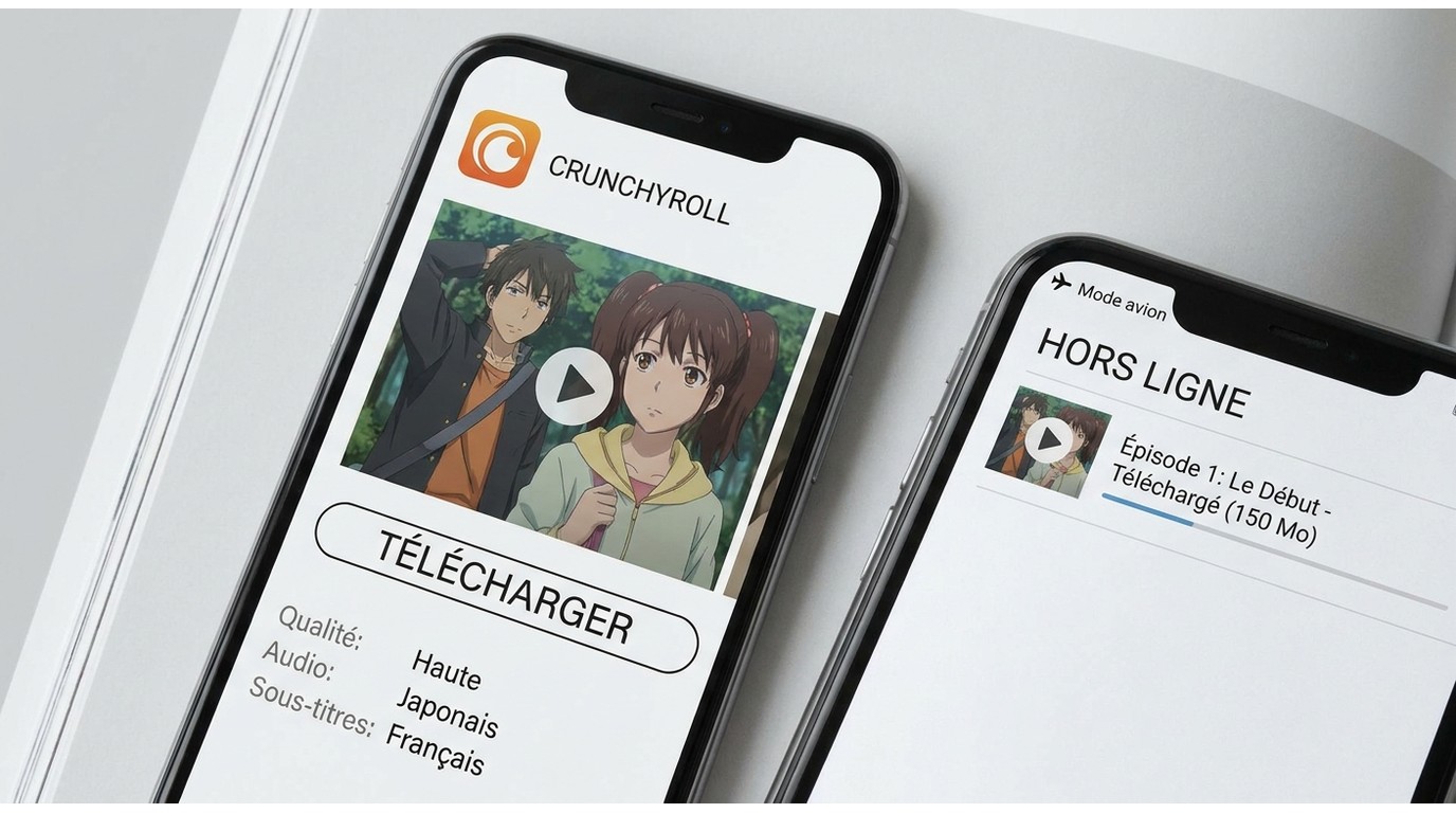 Étapes dans l’app Crunchyroll pour télécharger un épisode et vérifier la lecture hors ligne.