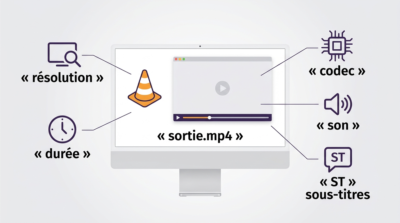 Vérifications d’un MP4 dans VLC : durée, résolution, son, sous-titres et navigation.