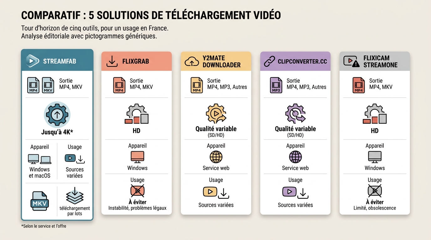 Comparaison de StreamFab, FlixGrab, Y2mate Downloader, ClipConverter.cc et StreamOne.
