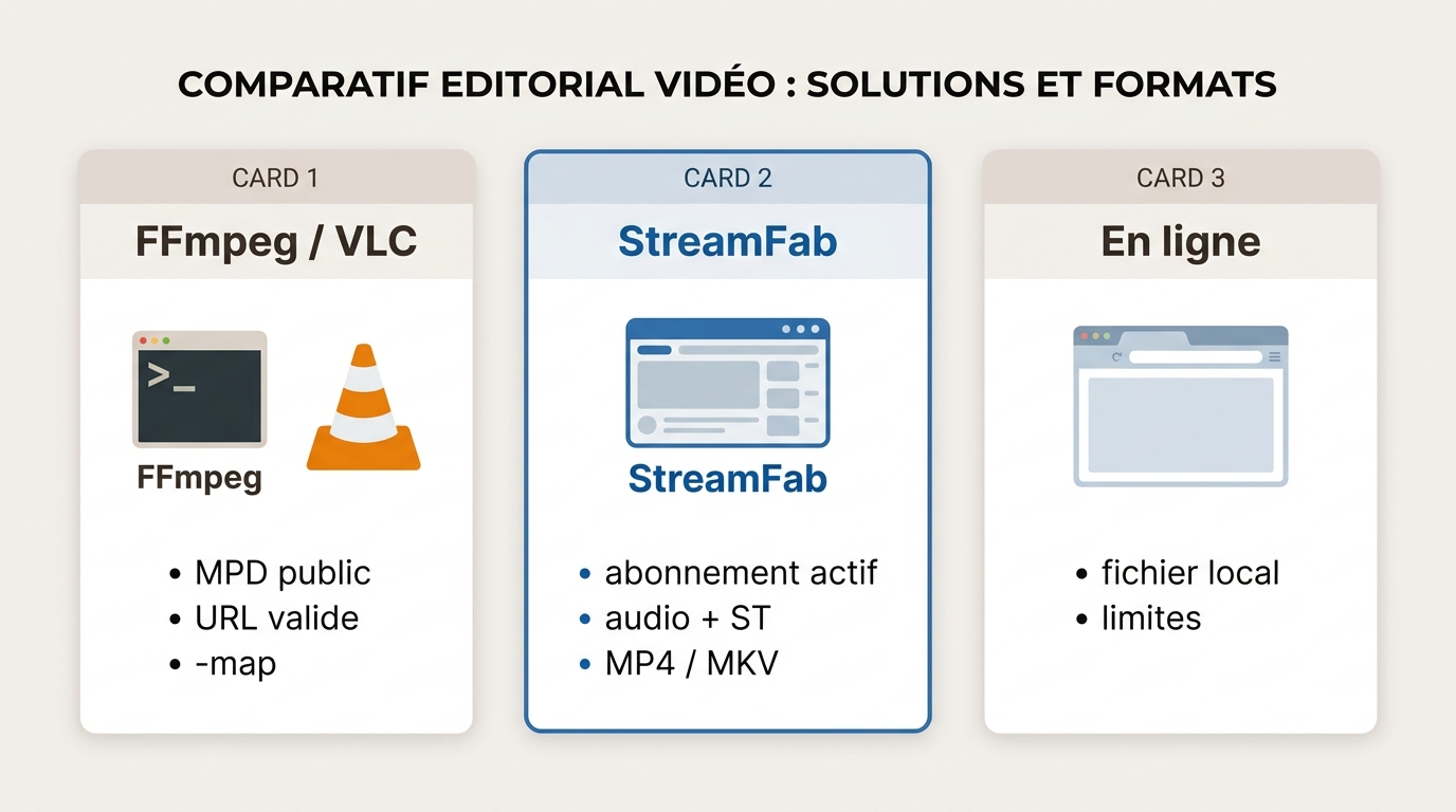 Comparaison entre FFmpeg, VLC, StreamFab et un convertisseur en ligne selon l’accès au flux.