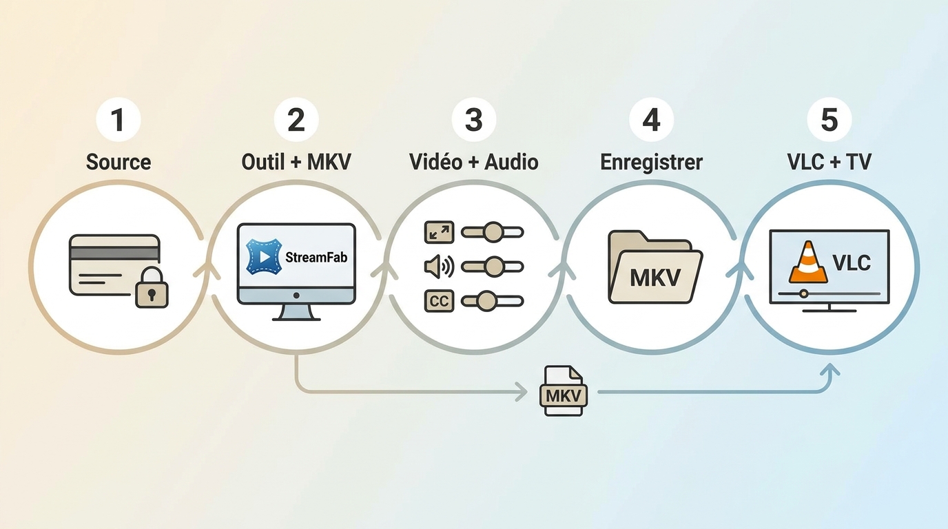 Étapes pour enregistrer un MKV et vérifier sa lecture avec VLC sur un téléviseur.