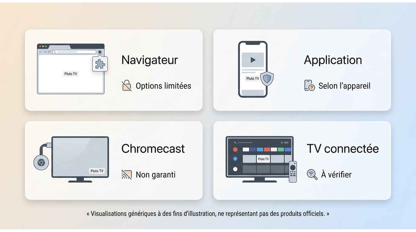 Comparaison des options Pluto TV sur navigateur, application, Chromecast, TV et ordinateur.